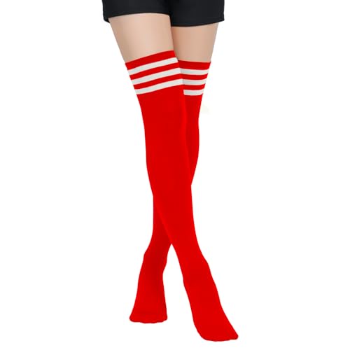 PONCEAU Damen Mädchen Kniestrümpfe Overknee Lange Streifen Strümpfe Oberschenkel Hohe Socken Leggings Strümpfe Sport Socken Rot mit Weiß