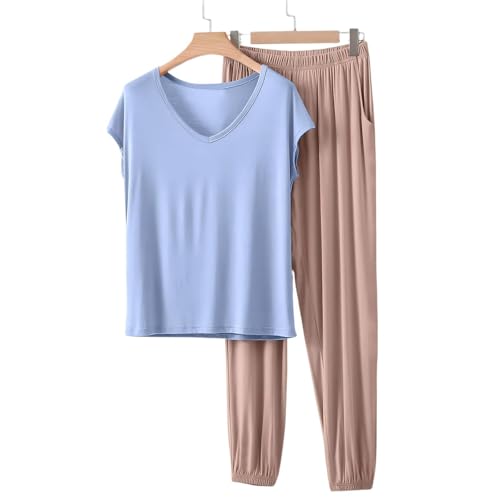 Image of HGps8w Women's Modal Soft Summer Pajamas Sets, Loose V Neck Short Sleeve Top Joggers Pants Matching 2 Piece Lounge Outfits