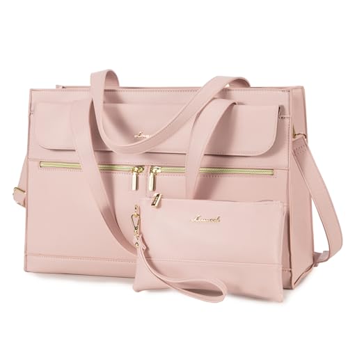 Image of LOVEVOOK Laptop Bag for Women 15.6 Inch Laptop Tote Work Professional Leather Computer Briefcase Waterproof Handbag Shoulder Large Capacity Business Teacher Office Bag Crossbody Purse,Pink