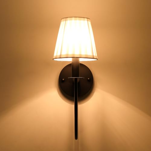 Image of Black Wall Sconces Set of Two, Modern Wall Lamps with White Pleated Shade | Industrial Wall Light Fixtures for Bedroom Living Room Hallway Bathroom Vanity
