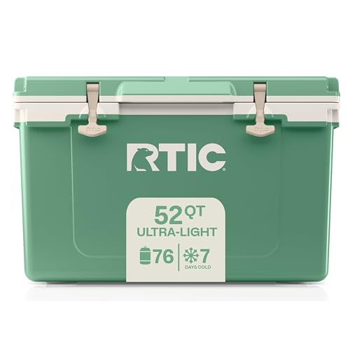 RTIC Ultra-Light 52 Quart Hard Cooler Insulated Portable Ice Chest Box for Beach, Drink, Camping, Picnic, Fishing, Boat, Barbecue, 30% Lighter Than Rotomolded Coolers, Sage/Beach