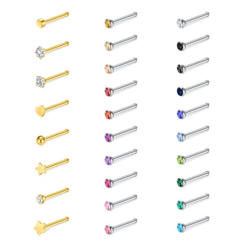 WillTen 30 pièces Piercing droit pour le nez en or, clou pour le nez 20G en acier inoxydable Petit clou pour le nez, minuscule clou pour la narine Piercing pour le nez pour femmes