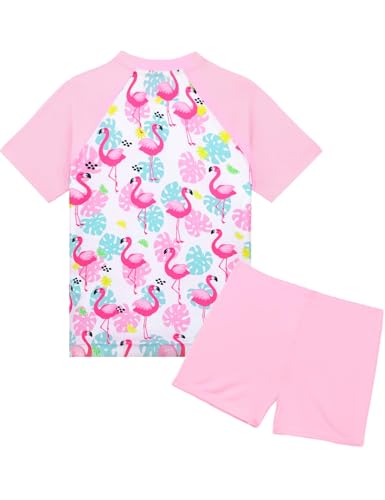 Image of Girls Swimsuit Colorful Short Sleeve Bathing Suits UPF 50+ Rash Guard Set Two Piece Summer Swimwear