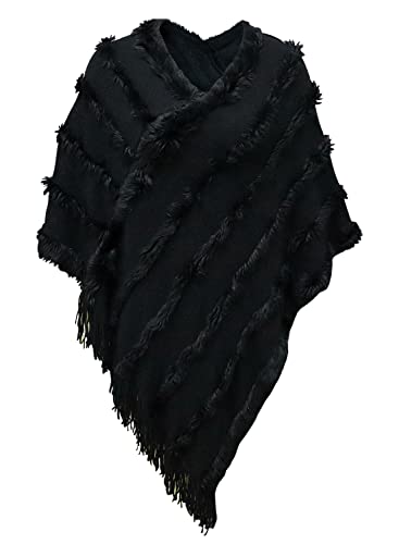 JFAN Poncho para Mujer Invierno Capas de Punto con Cuello en V Chal de Mujer Ligero y Elegante Negro