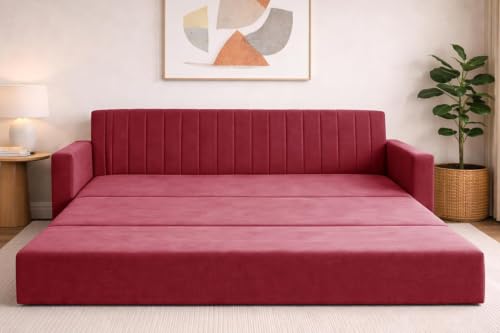Image of Deco Studio Sofa Cum Bed | 3-Seater Foladable Sofa Couch with Armrest | Modern Fabric Sofa for Living Room, Bedroom & Office Red Color