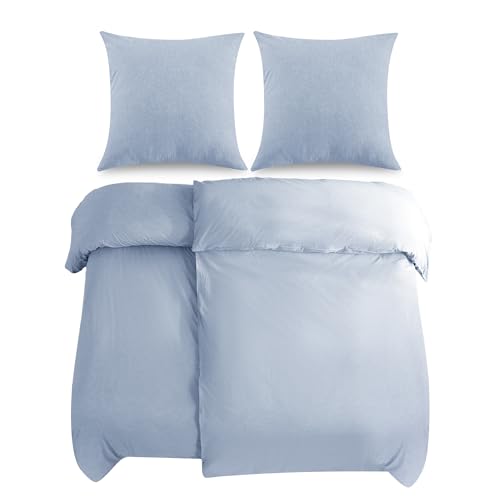 ATsense Juego de ropa de cama de 135 x 200 cm, algodón lavado a la piedra, 4 piezas, color azul cielo, similar al lino, Öko-Tex, hipoalergénico y transpirable, 2 fundas nórdicas y 2 fundas de almohada
