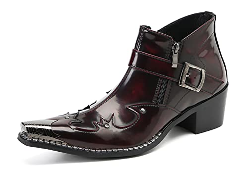 Santimon Men's Genuine Leather Western Chelsea Boots - Ankle Cowboy Boots with Metallic Wingtip Toe, Beaded Buckle & Side Zipper for Bar, Honky-Tonks & Neon Nights