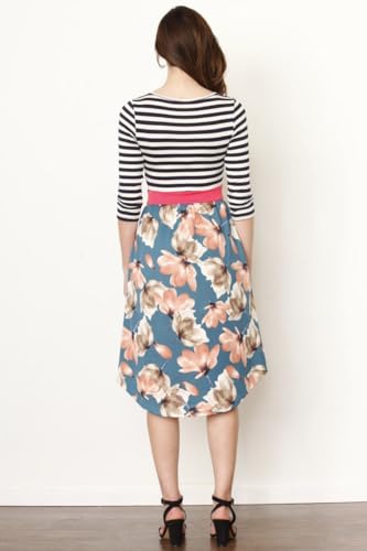 Image of Eloges Women's 3 /4 Sleeve Contrast Waist Band Floral Curved Hem Midi Dress