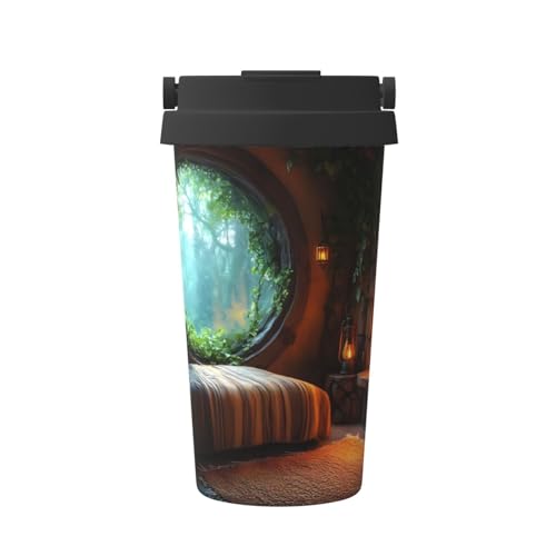 Fuzquwu Cozy Tree Hole Cabin Pattern Insulated Stainless Steel Travel Coffee Mug With Lid, Reusable Leak-Resistant Coffee Tumbler