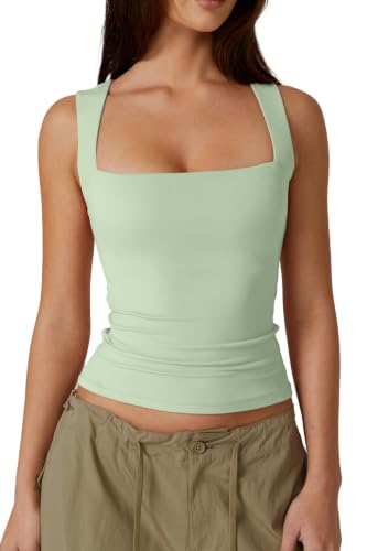 Image of QINSEN Women's Square Neck Sleeveless Double-Layer Tank Tops Basic Tight T Shirts