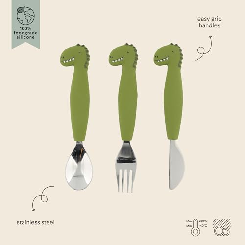 Trixie Silicone Cutlery Set 3-Pack Mr. Dino, Toddler Utensils, Soft, Durable, and Easy-to-Grip Spoon, Knive and Fork Set - Image 2