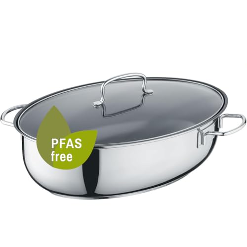 Berndes Rostiera in acciaio inox, 7,7 l, con coperchio, 38 x 25,5 cm, per stufare e arrostire, adatta a tutti i piani cottura, senza PFAS e PTFE, rivestimento antiaderente, adatta a induzione