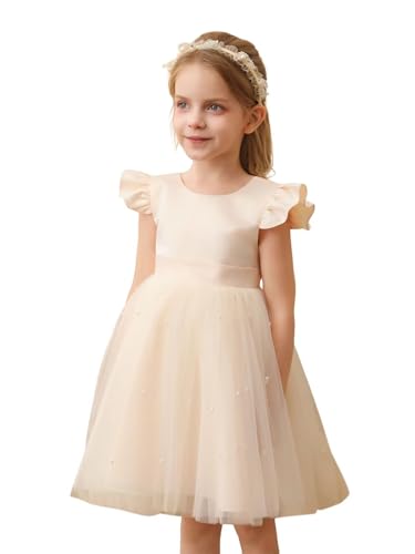 Flower Girl Dress Satin and Tulle Toddler Girls Dresses Ruffle Sleeves with Bow for Wedding Party