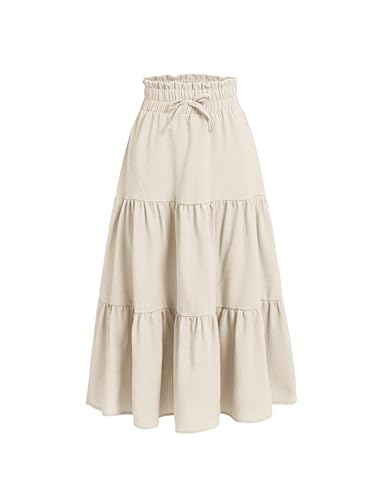 SweatyRocks Girl's Casual Solid Drawstring Waist Ruffle Hem Midi Skirt A Line Skirts Beige 8Y