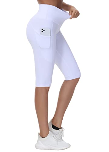 Women's Knee Length Workout Capris Leggings Cross Waisted Lounge Yoga Pants With Pockets White #TOP3