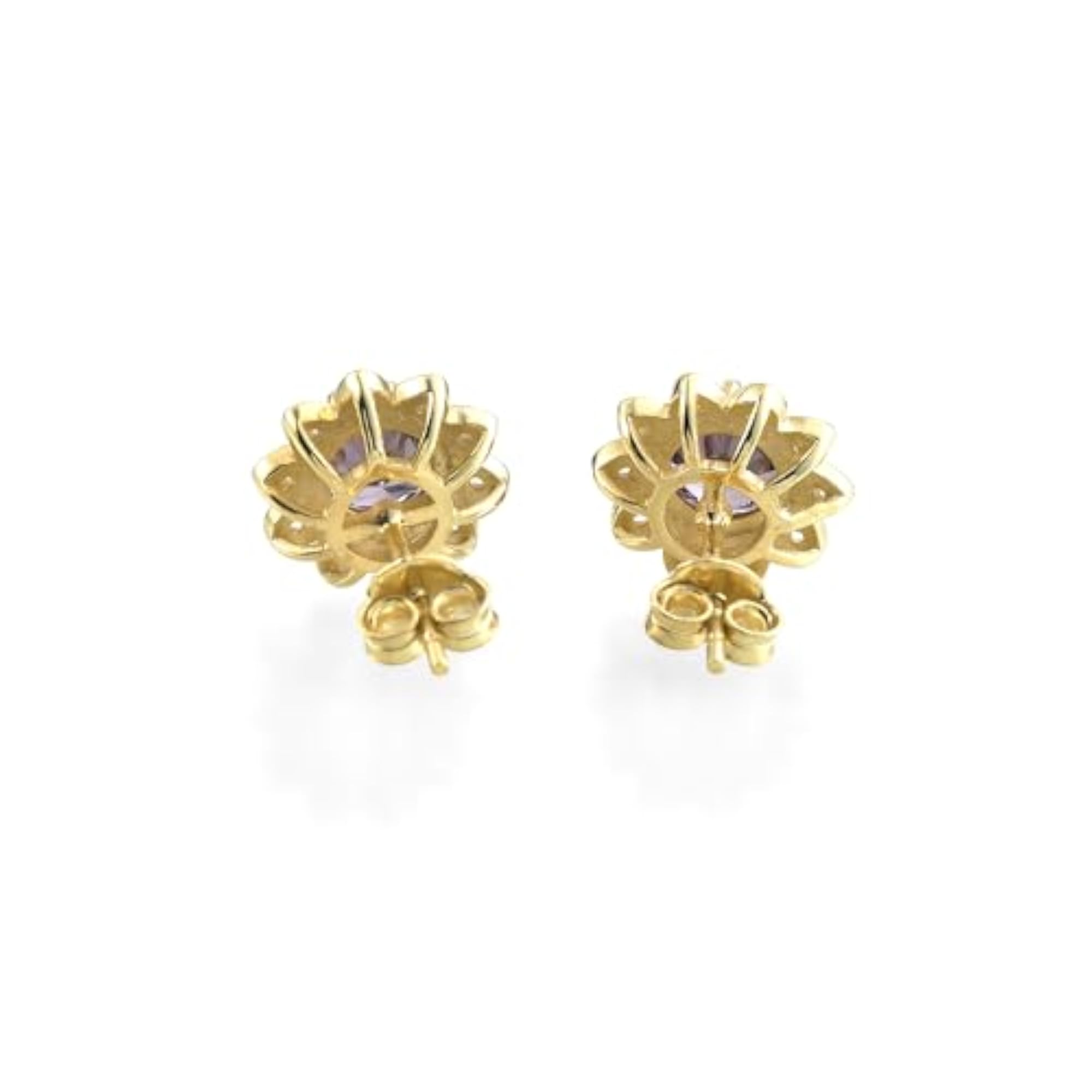Women's Flower Stud Earrings, Purple Round Stone, Gold Plated
