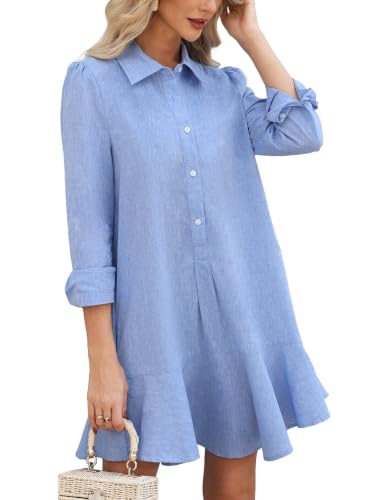 LifeShe Women's Tunic Mini Shirt Dress Cotton Long Sleeve Ruffle Hem Dress Button Up Shift Chambray Dresses