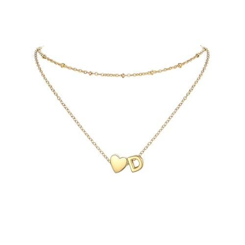 PROSTEEL 14K Gold Plated A-Z Initial Heart Layered Necklace for Women | Non-Tarnish Stainless Steel, Dainty Alphabet Letter Charm Pendant Choker, Personalized Jewelry Gold D