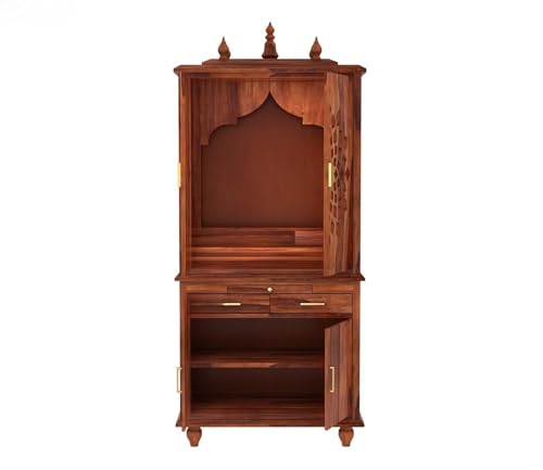 Image of Wooden Temple for Home | Big Pooja Mandir, Puja Ghar with 2 Drawer Storage, 4 Door Cabinet & Dhoop Batti Slider Stand | Solid Wood Sheesham Temple | Big puja mandir (G-Hony)