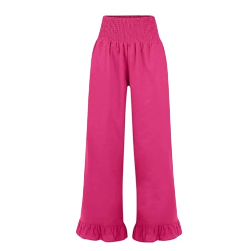 Image of Palazzo Pants for Women Linen Smocked Elastic Waist Ruffle Wide Leg Pants Summer Beach Flowy Boho Pant with Pockets