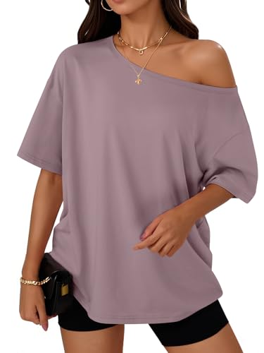 Trendy Queen Womens Off the Shoulder Tops Oversized T-Shirts Short Sleeve Tees Summer 2026 Casual...