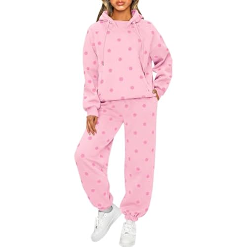 Fisoew Womens Polka Dot 2 Piece Sets Long Sleeve Hooded Tops Jogger Pants