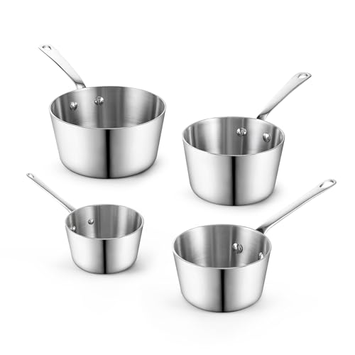 D&M Butter Stainless Steel Warmer Set, 0.14/0.23/0.39/0.57 QT Multi-Ply Clad Mini Pot, Small Saucepan with Flat Bottom Induction Milk Pan with Hanging Hole 4-Piece Set