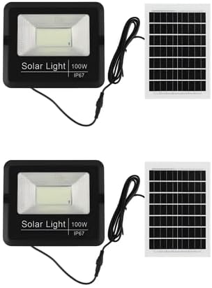 2 Pack-100W Solar LED Flood Light with Remote Control, IP67 Waterproof Outdoor Security Light, Dusk to Dawn, Separate Solar Panel, 6500K Super Bright for Garden, Garage & Driveway