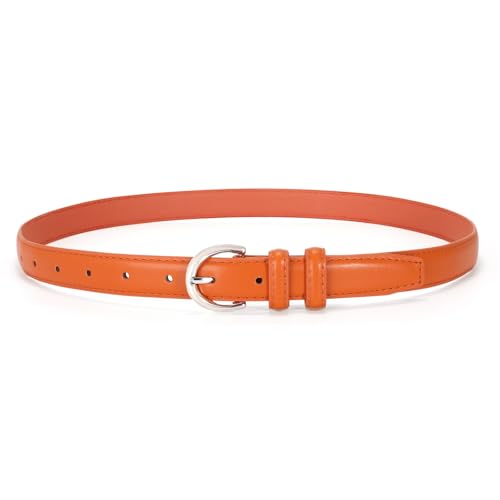 SANSTHS Women Leather Belt for Jeans Pants Fashion Ladies Skinny Belt for Dresses Thin Belt with Single Prong Buckle,Orange,M