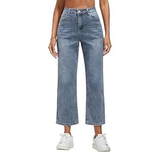 Vetinee Damen High Waist Jeans Weites Bein Stretch Baggy Straight Leg Jeanshose