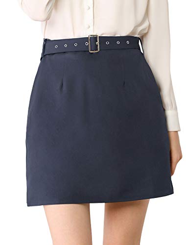 Allegra K Women's Work Office Belted Elastic Waist Back Mini Skirt with Pockets