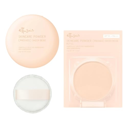 【セット品】ettusais(エテュセ) スキンケアパウダー (プレスト) シアーベージュ プレストパウダー フェイスパウダー 毛穴カバー 日中の化粧なおし SPF35・PA+++ 本体 6.5g×1 / レフィル 6.5g×1 [パフ1個おまけ付き]（Amazon）