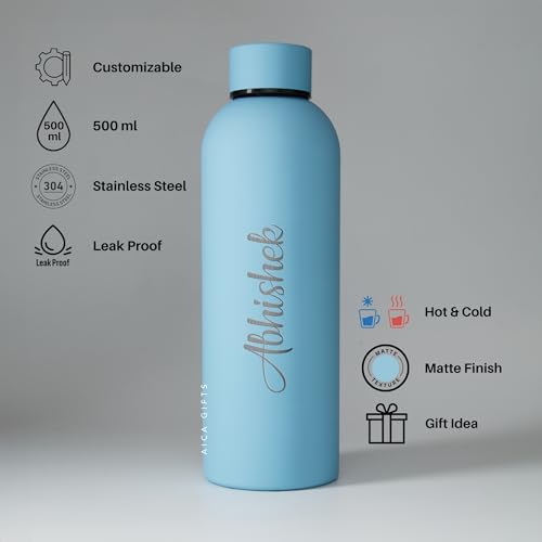Image of AICA Personalized Name Stainless Steel Water Bottle -500ml -12Hrs Hot & 18Hrs Cold (Babyblue) |Customised Gift For Man Woman Girl Boy