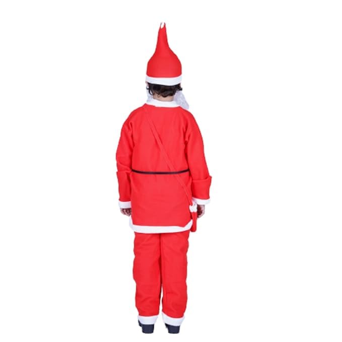 Image of ITSMYCOSTUME Santa Claus fleece dress for Christmas in red and white colour for kids. Complete costume set includes jacket, pant, hat, candy pouch /bag for Boys & Girls