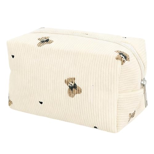 女性用コーデュロイ製メイクポーチ、ファスナー付き、かわいいトラベルポーチ、ペンケース、メイクブラシ収納バッグ