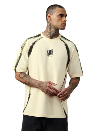 Image of The Souled Store Spider-Man: Ink'd Men and Boys Short Sleeve Round Neck Cream Graphic Printed Superhero Casual Lightweight Drop Shoulder Streetwear Trendy Cotton Oversized T-Shirts