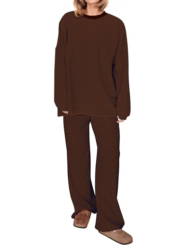 Image of MISSACTIVER Women's 2 Piece Striped Lounge Set Long Sleeve Oversized T-Shirt Wide Leg Pants Matching Pajamas Set