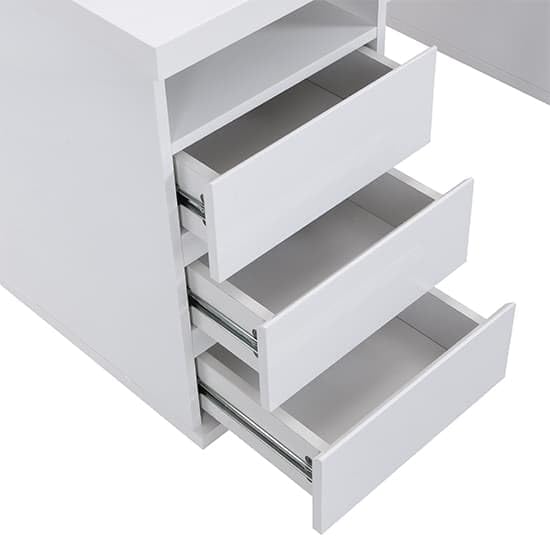 Image of Lakdi The Furniture Home and Office Modern High Gloss Computer Desk with Lockable Drawers and Storage, Writing Desk with Metal Leg and Integrated Open Shelves for White- 121534258