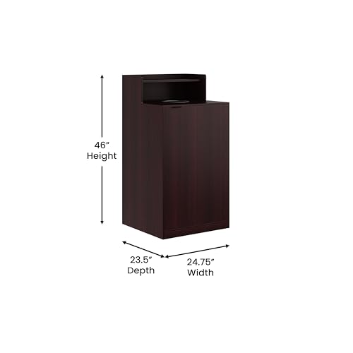Image of Flash Furniture Dell Trash Can Enclosure with Tray Shelf and 8 inch Drop Hole, Commercial Grade Trash Receptacle for 32 Gallon Round Cans, Swing Door Access, Mahogany