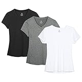 [icyzone] スポーツウェア レディース V ネック Tシャツ ヨガウェア 半袖 ランニングトップス 速乾 通気 カジュアル 大きいサイズ フィットネス アスレチック 3枚入（XL、ブラック/グレー/ホワイト）