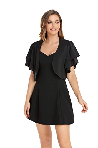 Women Short Sleeve Shrug Cropped Bolero Open Front Chiffon Cardigan For Evening Dress(Black,M) #TOP3