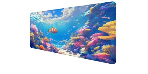 Alfombrilla escritorio 900x400mm para ordenador, tapete grande de coral con bordes cosidos Pez D1