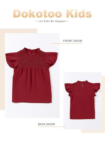 Image of DOKOTOO KIDS Girls Tops Short Sleeve Shirts Summer Blouse Size 6-15 Years | None Elastic Fabric, Ruffle Sleeve, Swiss Polka Dot, Smocked, Crew Neck, Key Hole Back, Dress Spring Outfit, Casual Tee