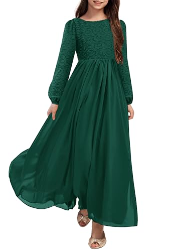 HOSIKA Girls Long Sleeve Maxi Dress Vintage Chffion A-Line Formal Junior Bridesmaid Dresses for Fall Wedding Party, Dark Green, 12 Years