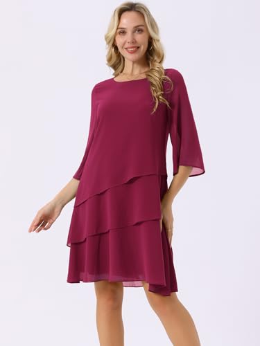 Image of Seta T Women's Chiffon Dresses 3 /4 Bell Sleeve Crewneck Tiered Layered Flowy Dress Party Wedding Outfits