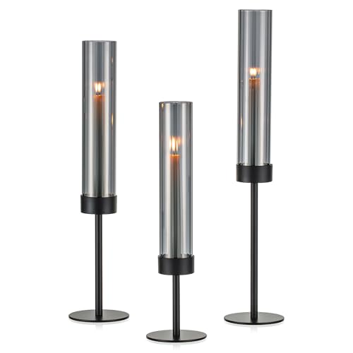 Hewory Kerzenständer Schwarz Windlicht Glas: 3er Set Metall Kerzenhalter Stabkerze mit Glaszylinder für Kerzen, Windlichter Tischdeko Wohnzimmer Modern für Garten Outdoor Deko Terrassen