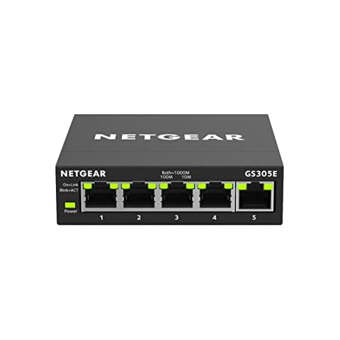 Netgear GS305E Managed Switch 5 Port Gigabit Ethernet LAN Switch Plus (Plug-and-Play, Netzwerk Switch Managed, IGMP Snooping, QoS, VLAN, lüfterlos, robustes Metallgehäuse), Schwarz Cover