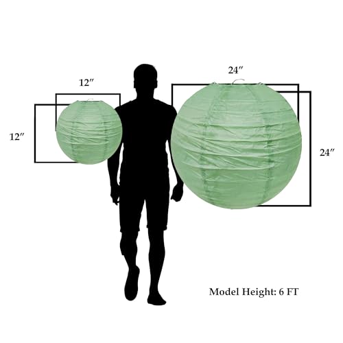 Image of Mudra Crafts 12 Inch Round Chinese Sage Green Paper Lanterns Hanging Decor | 10 PCs, Reusable, Indoor Outdoor Decorative Lamp Shade, for Ceiling, Wedding, Shower, Party, Festival, Home Decoration