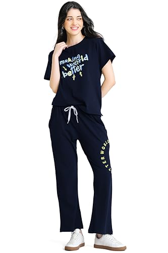 Image of ZEYO Night Suit for Womens Typography Printed Cotton Night Dress of Top and Wide Bottom Pyjama