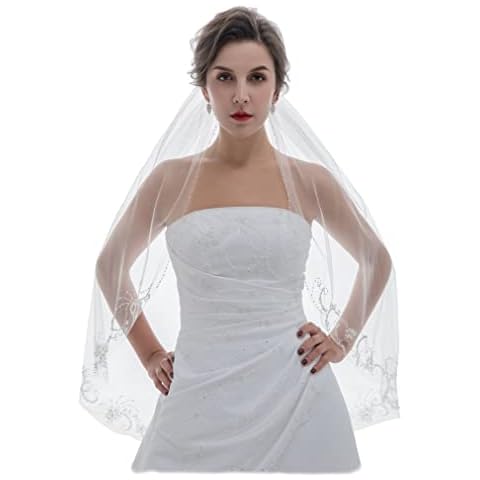 1T 1 Tier Flower Motifs Vine Crystal Beading Edge Veil Fingertip Length 36", White, Fingertip Length 36" Cover